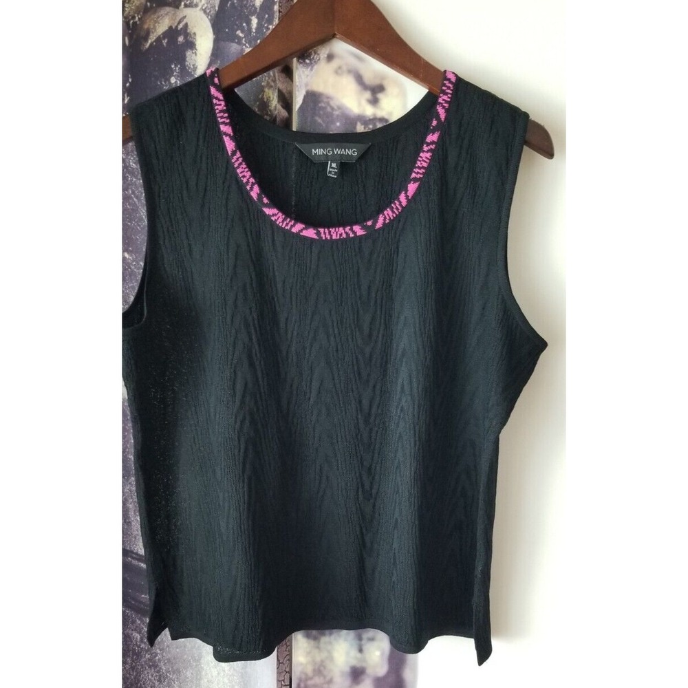 MING WANG Womens Sleeveless Black Textured Pink Neckline Trim Scoop Neck Tank XL